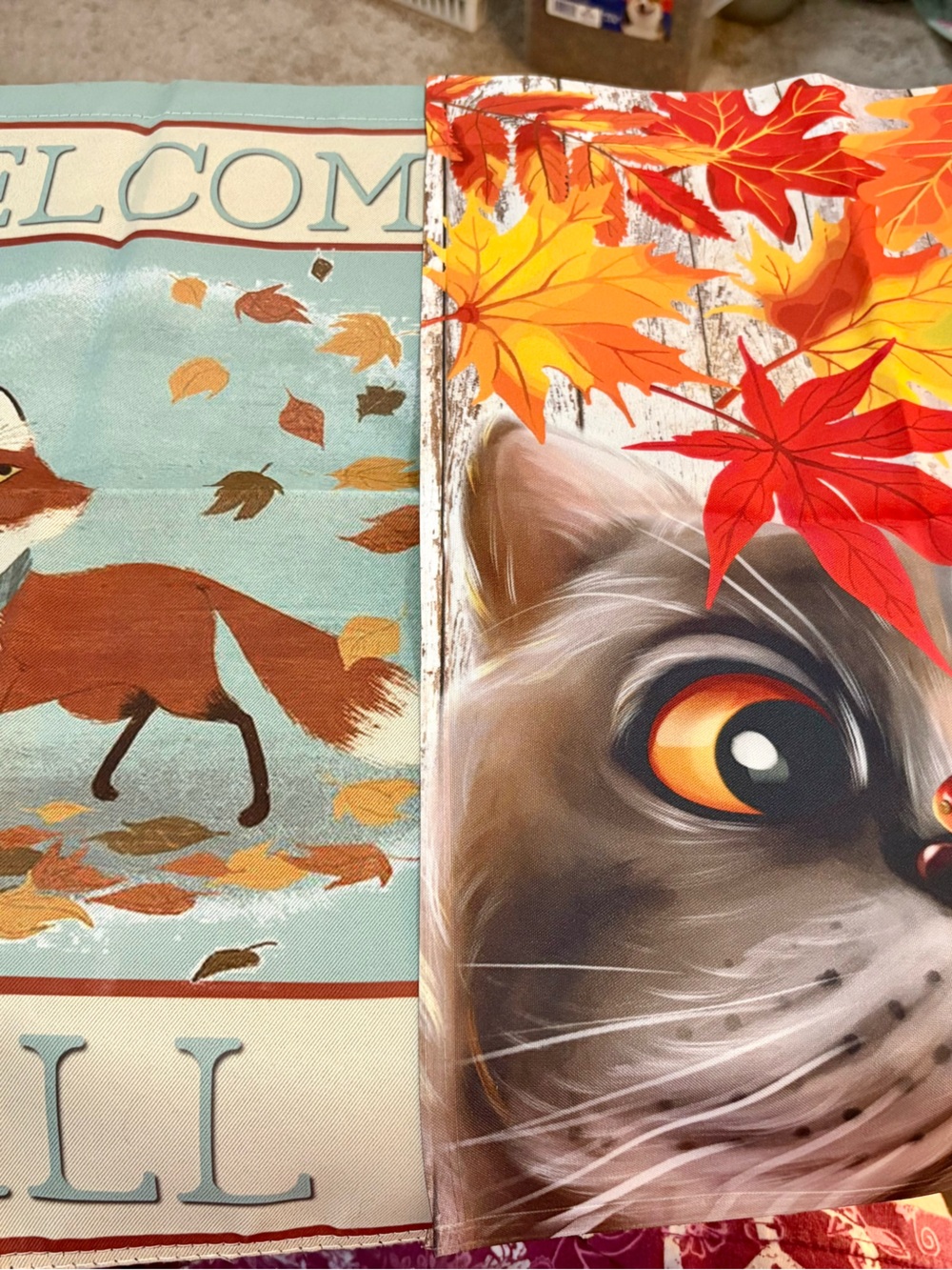 Autumn Fox & Cat Garden Flag Set - Orange, Teal, Red, Yellow set of 2 12 x 18 in
